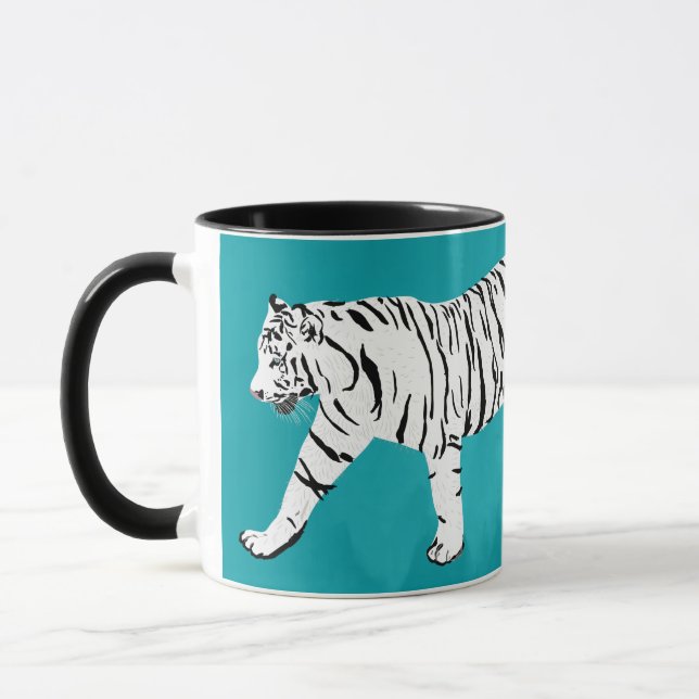 White Tiger on Teal Illustration Personalized Mug (Left)