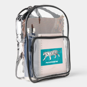 White Tiger on Teal, Personalized Clear Backpack