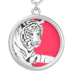 White Tiger Painting Silver Necklace