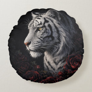 White Tiger Portrait – Calm Power and Silent Gaze Round Pillow