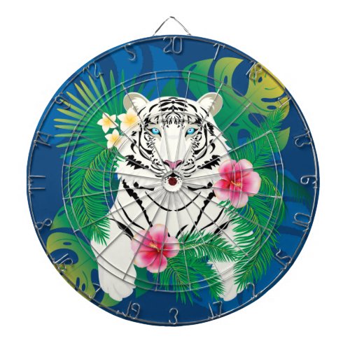 White tiger portrait with tropical leaves dart board