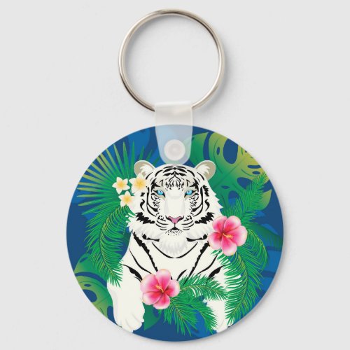 White tiger portrait with tropical leaves keychain