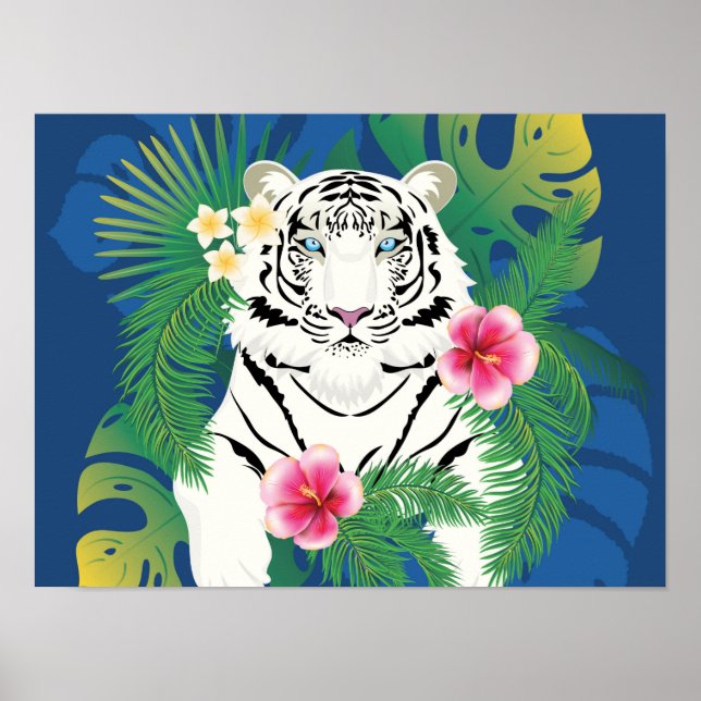 White tiger portrait with tropical leaves poster (Front)