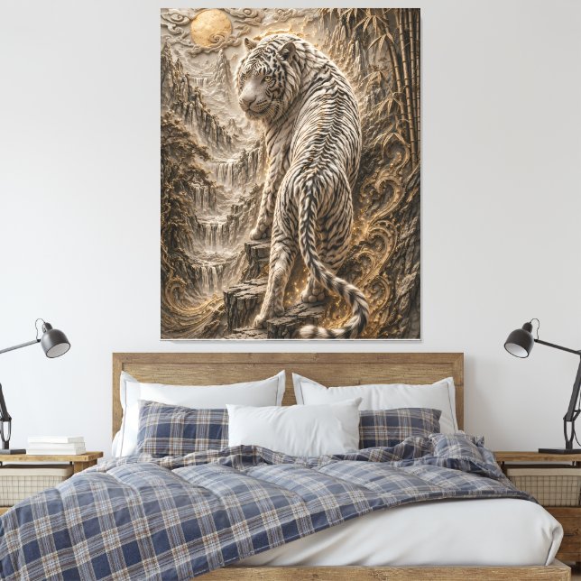 White Tiger Relief Art – Oriental Engraved Style M Canvas Print (Insitu(Bedroom))