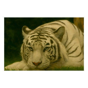 White Tiger Resting in Woodland Shade Poster