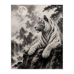 White Tiger Resting on Cliff Traditional Ink Was Acrylic Print
