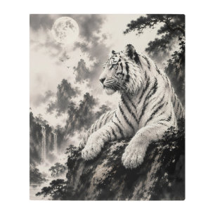 White Tiger Resting on Cliff Traditional Ink Was Metal Print