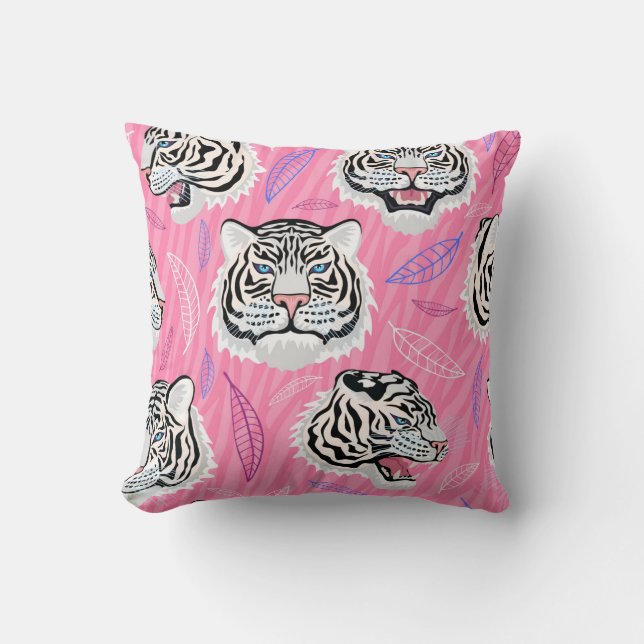 White Tiger Roar: Jungle Rainforest Pattern Throw Pillow (Front)