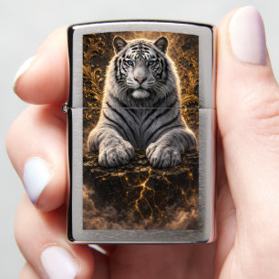 White Tiger Royal Throne Black Gold Majestic Guard Zippo Lighter