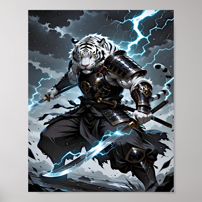 White Tiger Samurai Warrior Blue Lightning Fantasy Poster (Front)