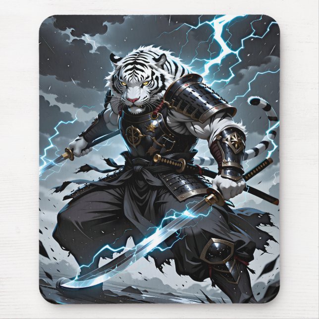 White Tiger Samurai Warrior Blue Lightning Gaming Mouse Pad (Front)