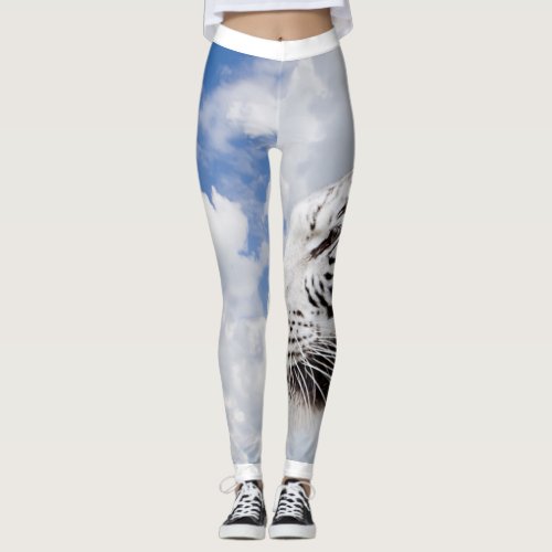 White Tiger Sky Blue Leggings  Yoga Pants