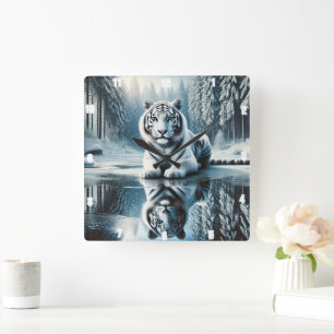 White Tiger Snow Reflection Square Wall Clock
