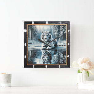 White Tiger Snow Reflection Square Wall Clock