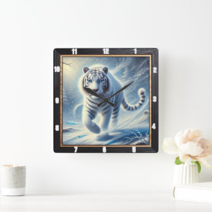 White Tiger Snow Scene Timepiece Square Wall Clock