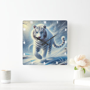 White Tiger Snow Scene Timepiece Square Wall Clock