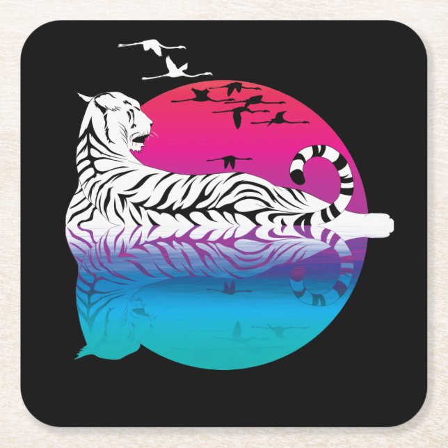 White Tiger Sunset Square Paper Coaster (Front)