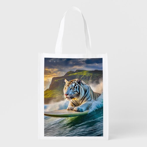 White Tiger Surfing 03 Design By Rich AMeN Gill Grocery Bag