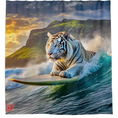 White Tiger Surfing Design By Rich AMeN Gill Shower Curtain