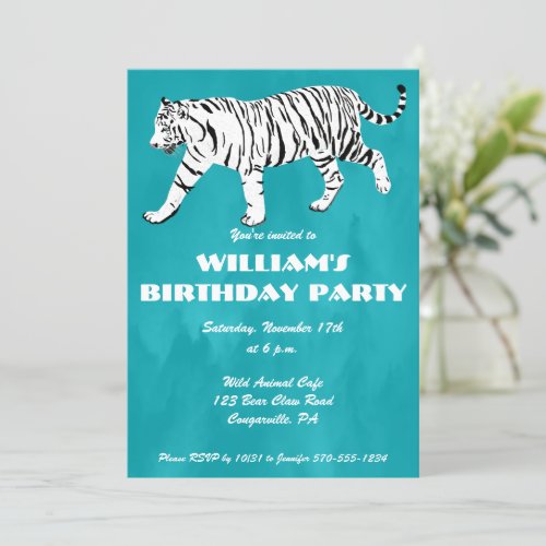 White Tiger Teal Turquoise Blue Birthday Party Invitation