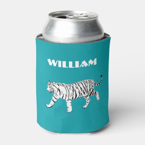 White Tiger Teal Turquoise Blue Can Sleeve Can Cooler