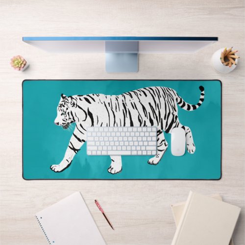 White Tiger Teal Turquoise Blue Desk Mat