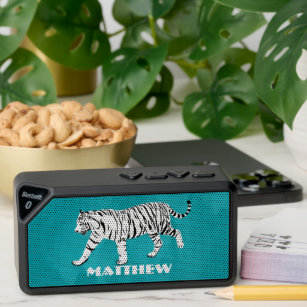 White Tiger, Teal, Turquoise Blue Personalized Bluetooth Speaker