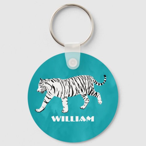 White Tiger Teal Turquoise Blue Personalized Keychain