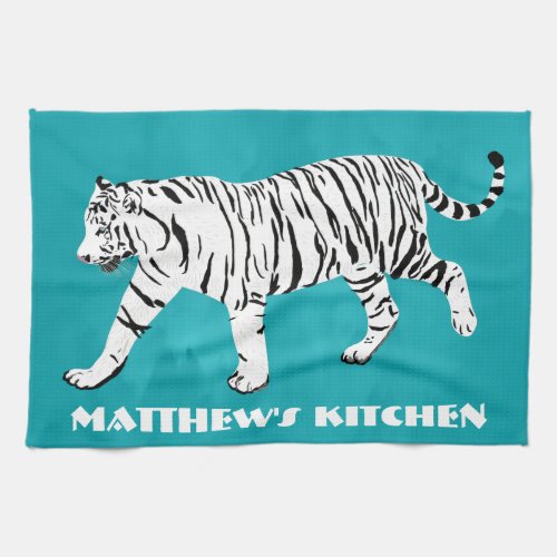 White Tiger Teal Turquoise Blue Personalized Kitchen Towel