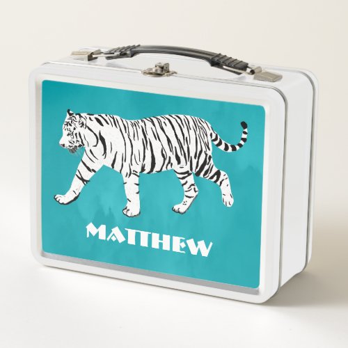 White Tiger Teal Turquoise Blue Personalized Metal Lunch Box