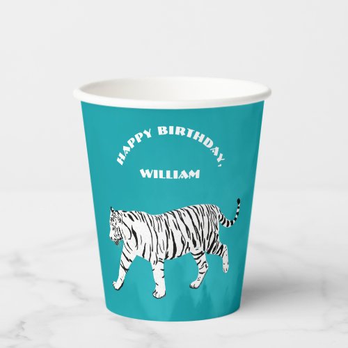 White Tiger Teal Turquoise Blue Personalized Paper Cups
