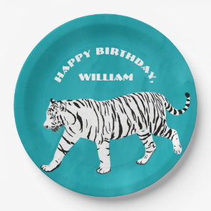 White Tiger Teal, Turquoise Blue Personalized Paper Plates