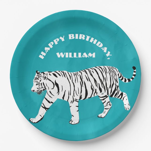 White Tiger Teal, Turquoise Blue Personalized Paper Plates (Front)