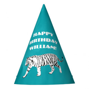 White Tiger Teal, Turquoise Blue Personalized Party Hat