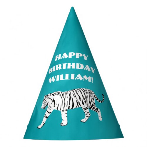 White Tiger Teal Turquoise Blue Personalized Party Hat