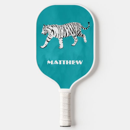White Tiger Teal Turquoise Blue Personalized Pickleball Paddle