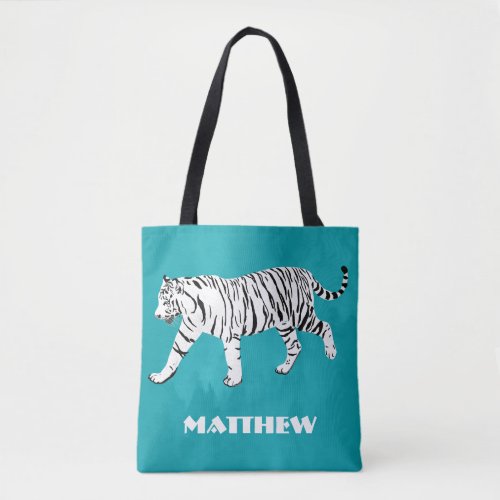 White Tiger Teal Turquoise Blue Personalized Tote Bag
