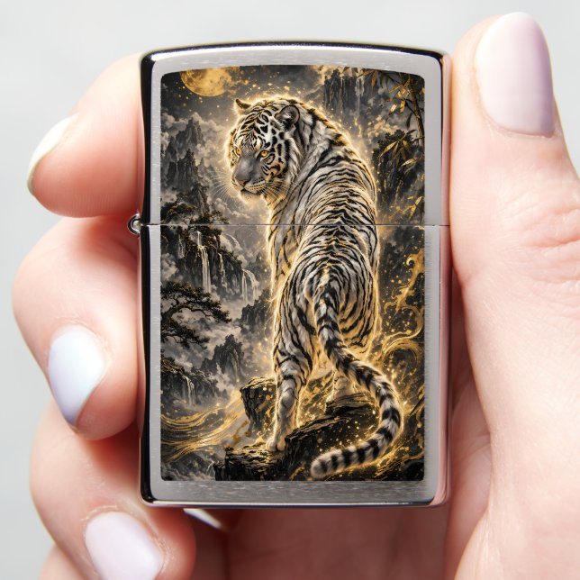 White Tiger Turning Back Guardian Power Zippo Lighter (In Hand)