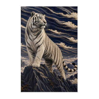 White Tiger Under Embroidered Clouds – Navy Blue M Acrylic Print