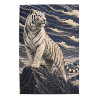 White Tiger Under Embroidered Clouds – Navy Blue M Metal Print