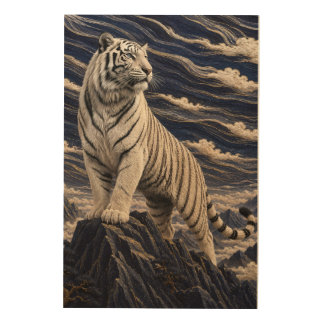 White Tiger Under Embroidered Clouds – Navy Blue M Wood Wall Art