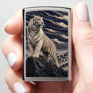 White Tiger Under Embroidered Clouds – Navy Blue M Zippo Lighter