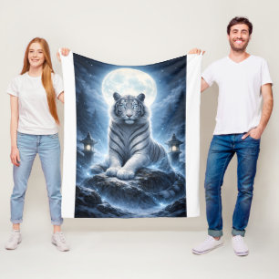 White Tiger Under Full Moon   Mystical Spirit Tige Fleece Blanket