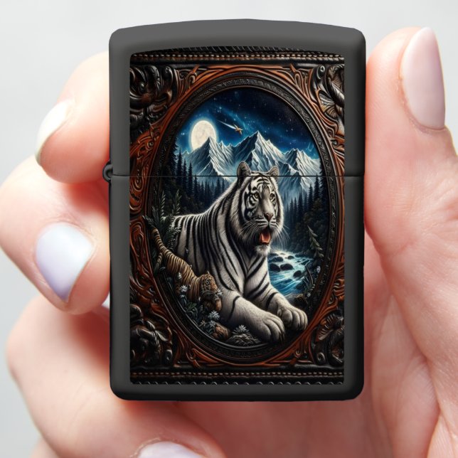 White Tiger Under Moonlight Zippo Lighter (In Hand)