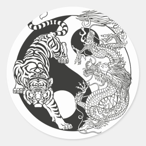 White tiger versus green dragon in the yin classic classic round sticker