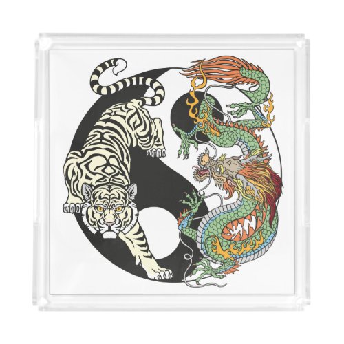 White tiger versus green dragon in the yin yang  a acrylic tray