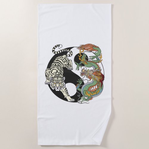 White tiger versus green dragon in the yin yang be beach towel