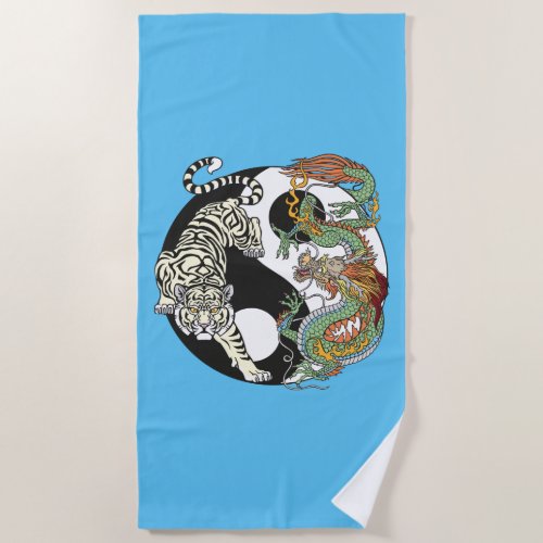 White tiger versus green dragon in the yin yang be beach towel