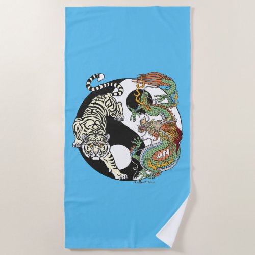 White tiger versus green dragon in the yin yang beach towel