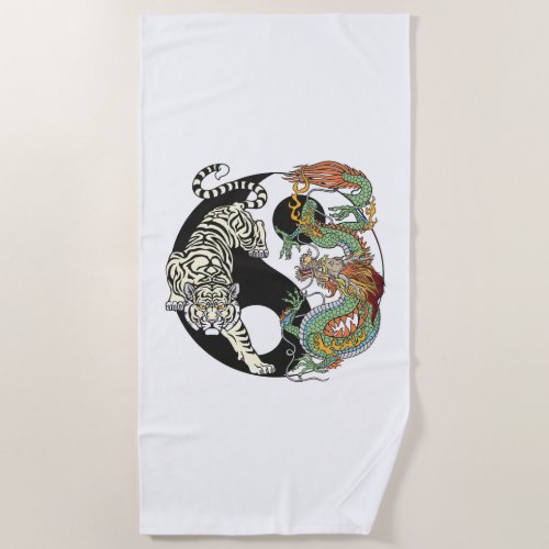 White tiger versus green dragon in the yin yang beach towel